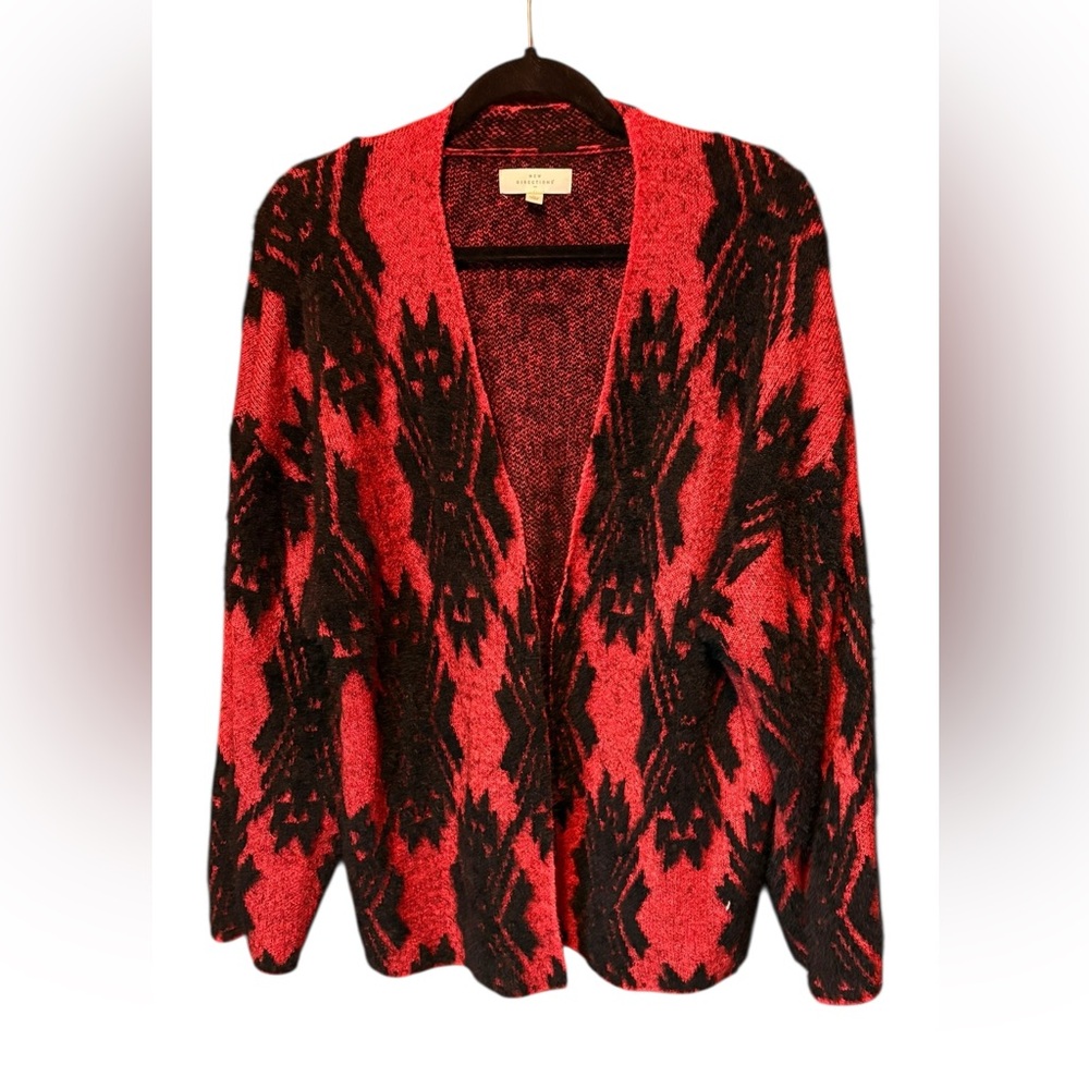 New Directions Red & Black Geometric Open Front Cardigan Sweater Size Large